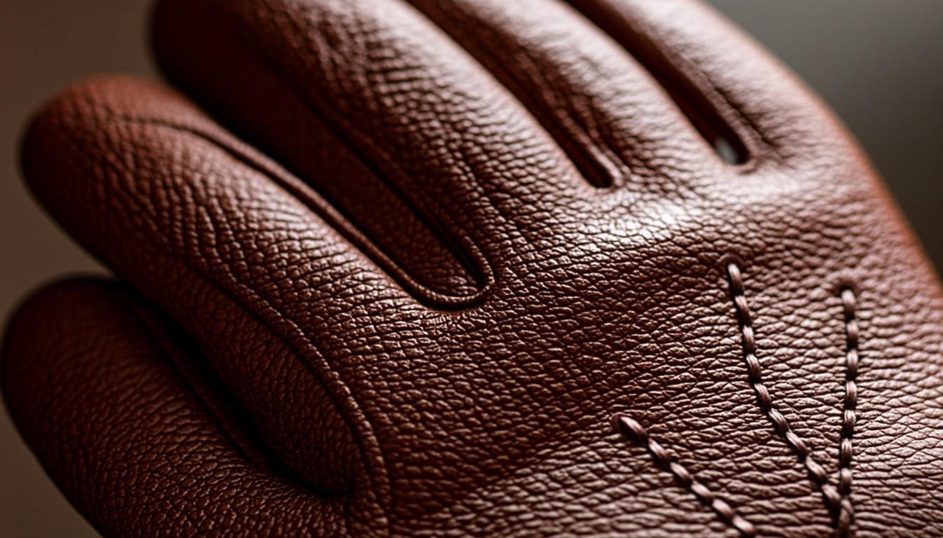 Macro photography of black leather glove with green stitching
